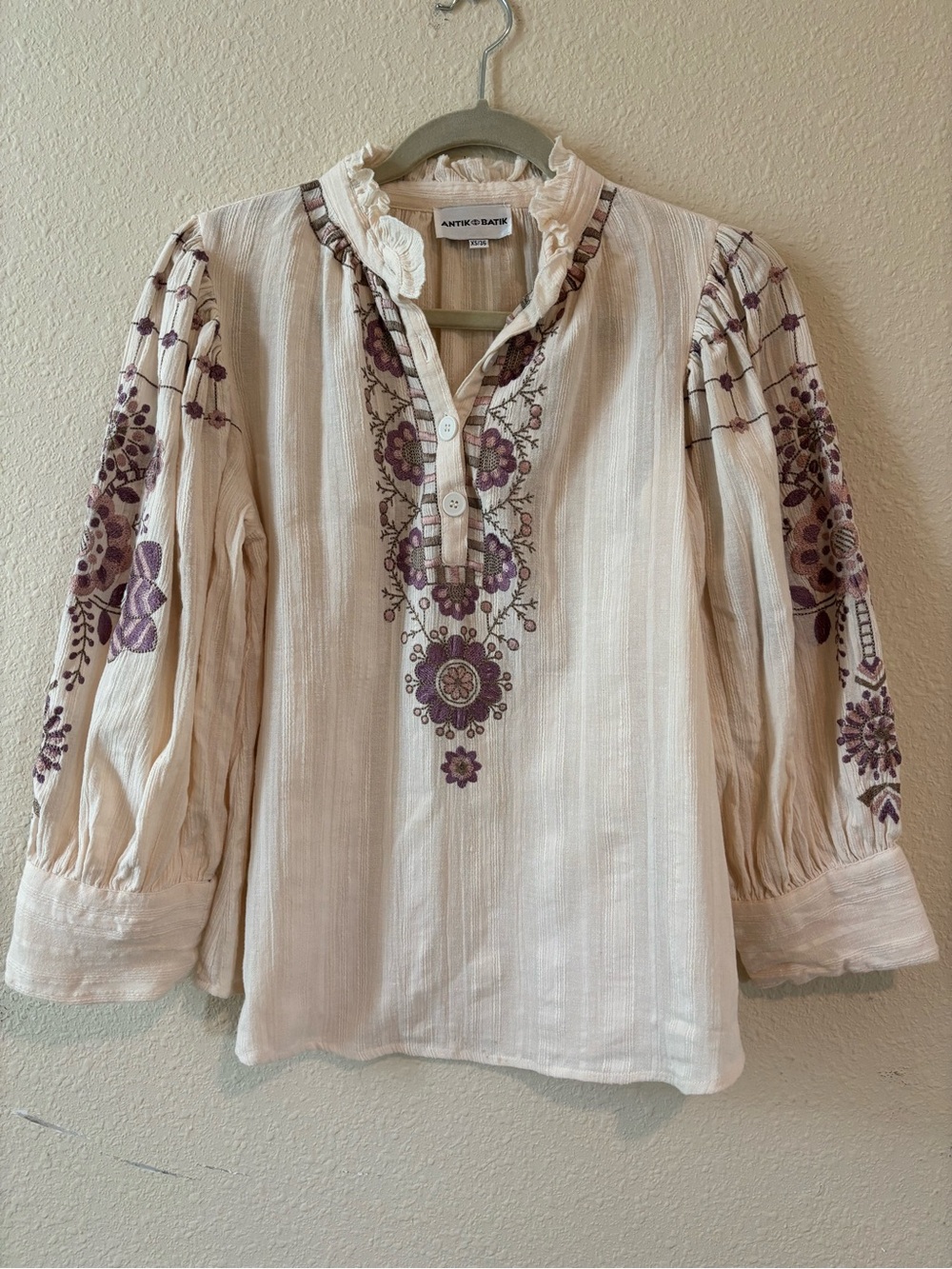 ANTIK BATIK Cream Embroidered Boho Peasant Top with Purple Floral Detail, size S